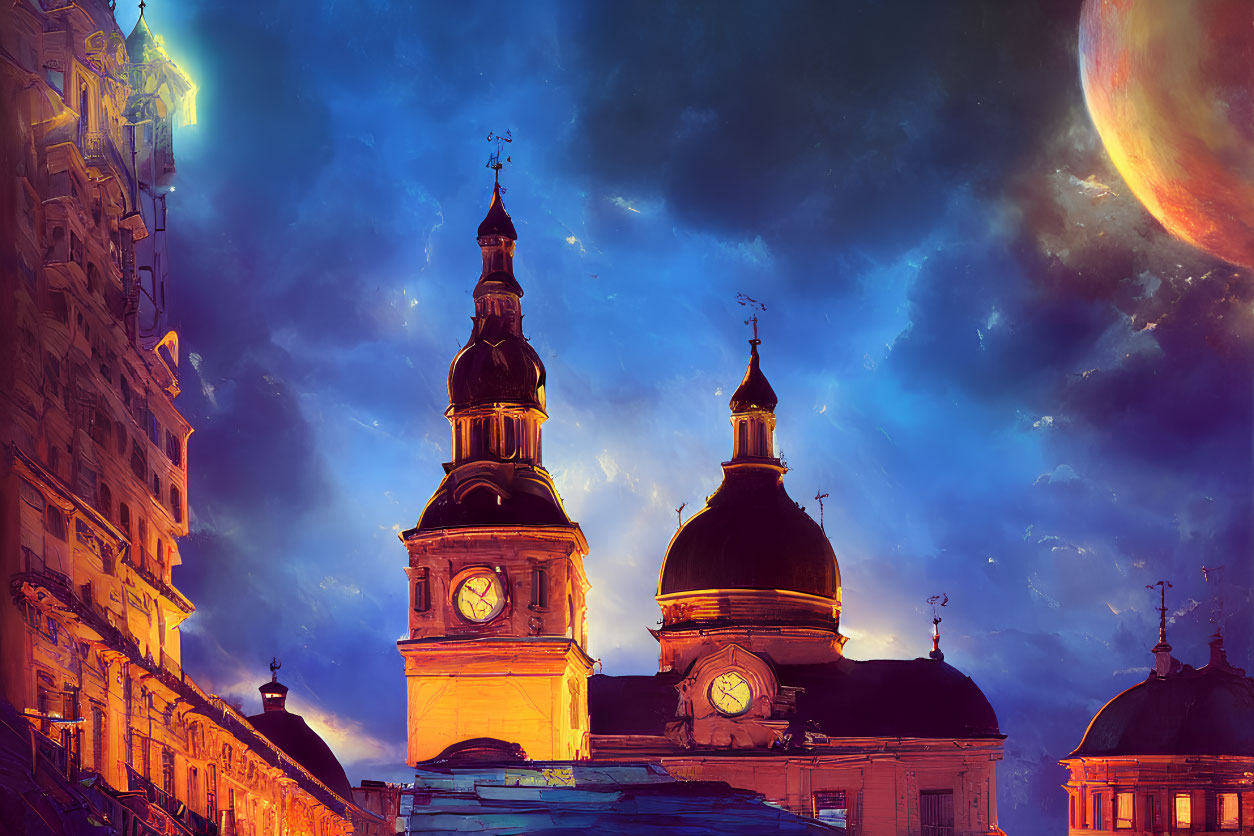 Cityscape at Dusk with Baroque Buildings and Clock Tower under Dramatic Sky