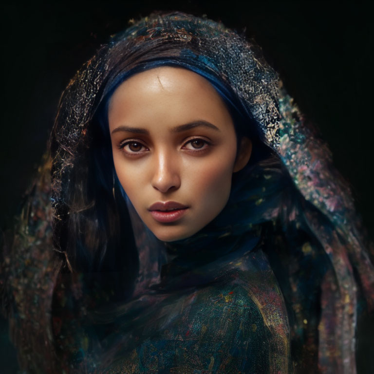 Intense gaze of woman in colorful shawl on dark background