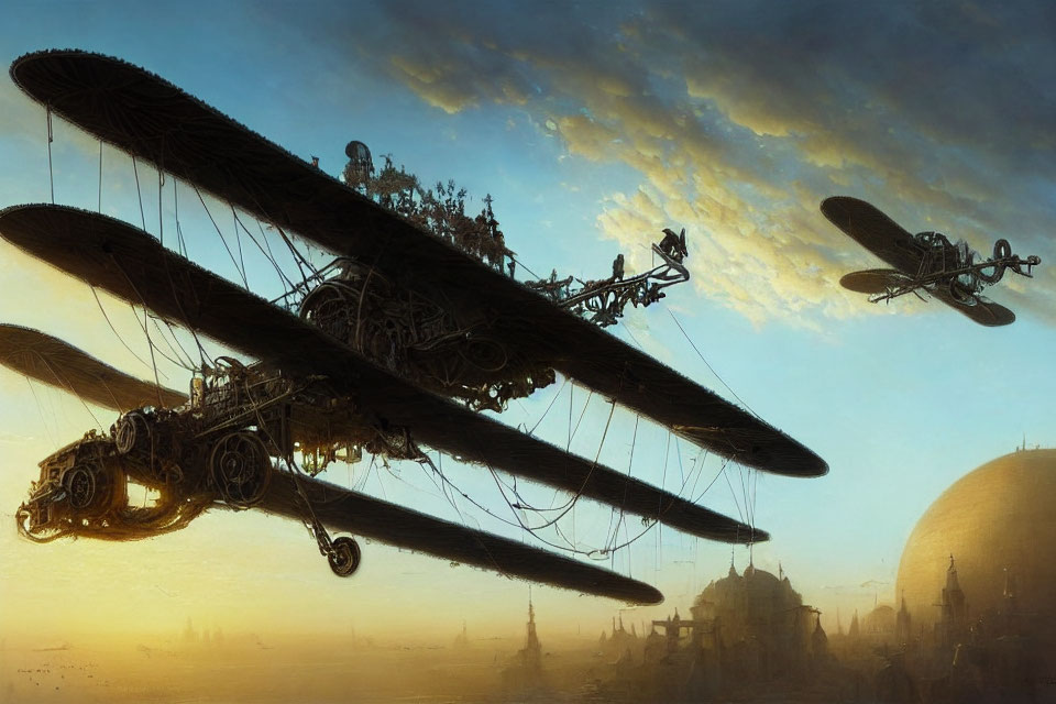 Intricate Steampunk Airships Soar Over City Silhouette