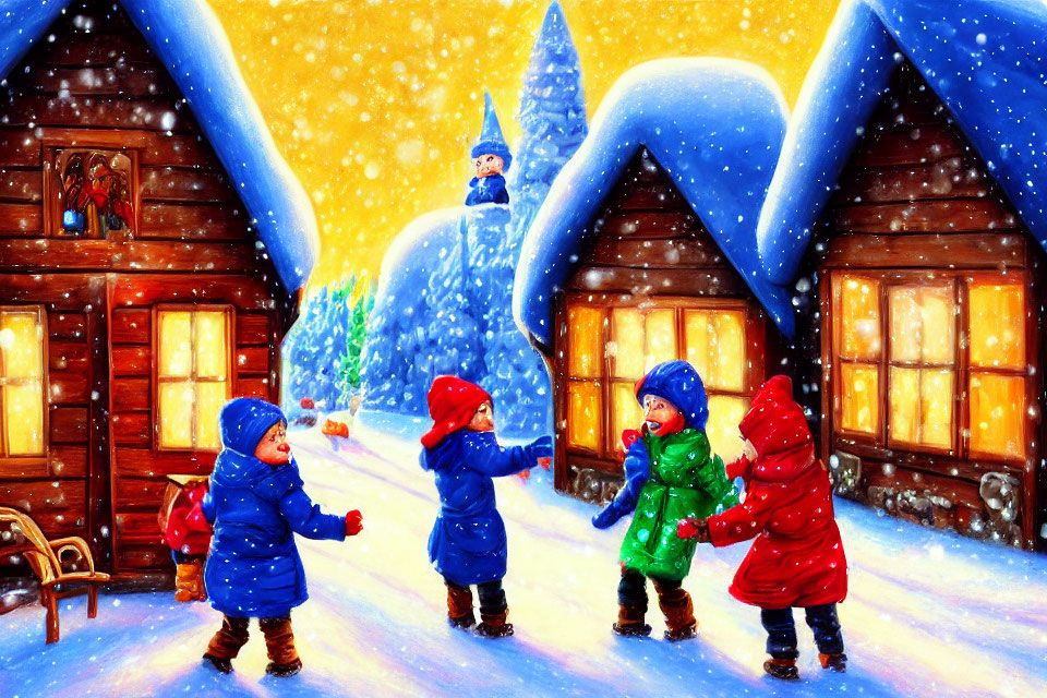 Vibrant winter scene with children playing in snow by cozy houses