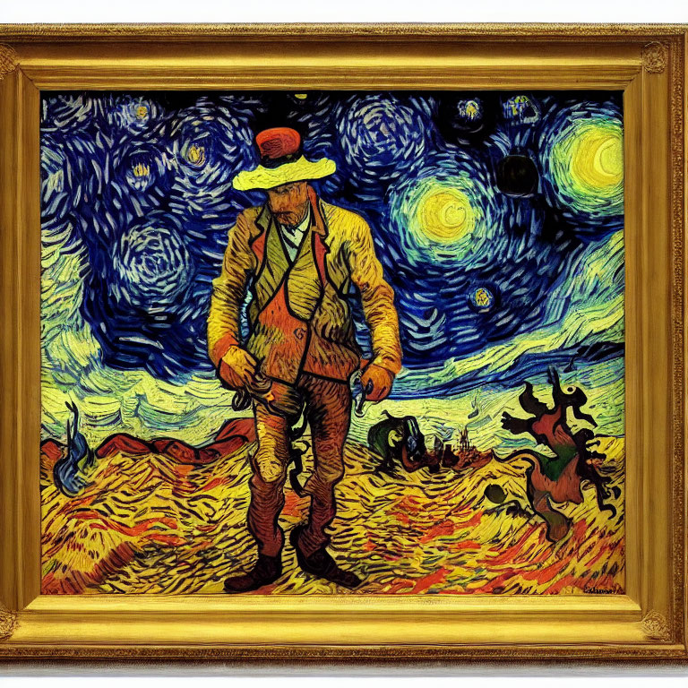 Digitally altered painting merges "Starry Night" with walking man in straw hat