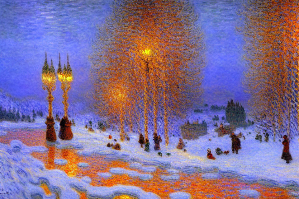 Wintry Night Scene Painting with Golden-Lit Trees & Strolling Figures