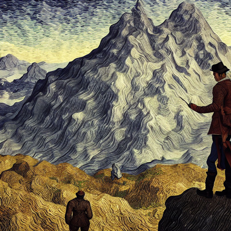 Stylized painting of two figures admiring mountain with swirling patterns