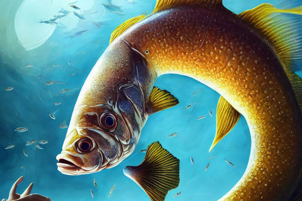 Detailed Close-Up Illustration of Yellow Fish with Scales Underwater