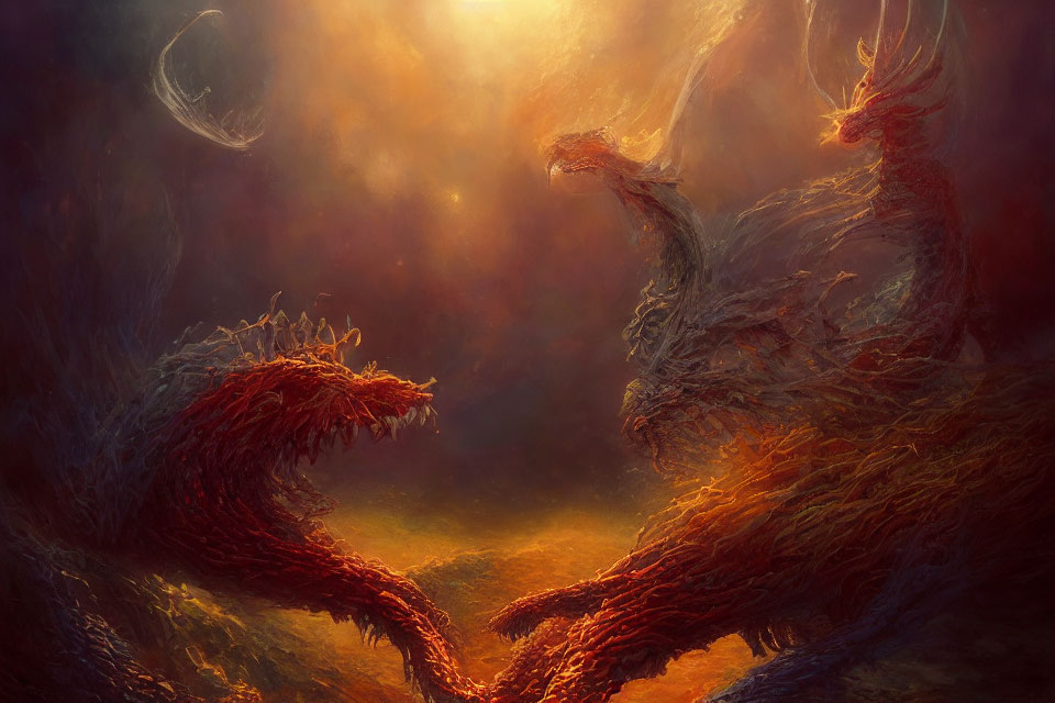 Majestic dragons in mystical fiery landscape with crescent moon