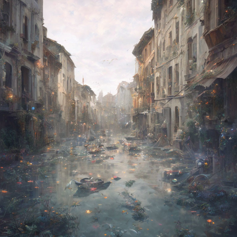 Flooded city street with overgrown plants, debris, lanterns, and boat under hazy