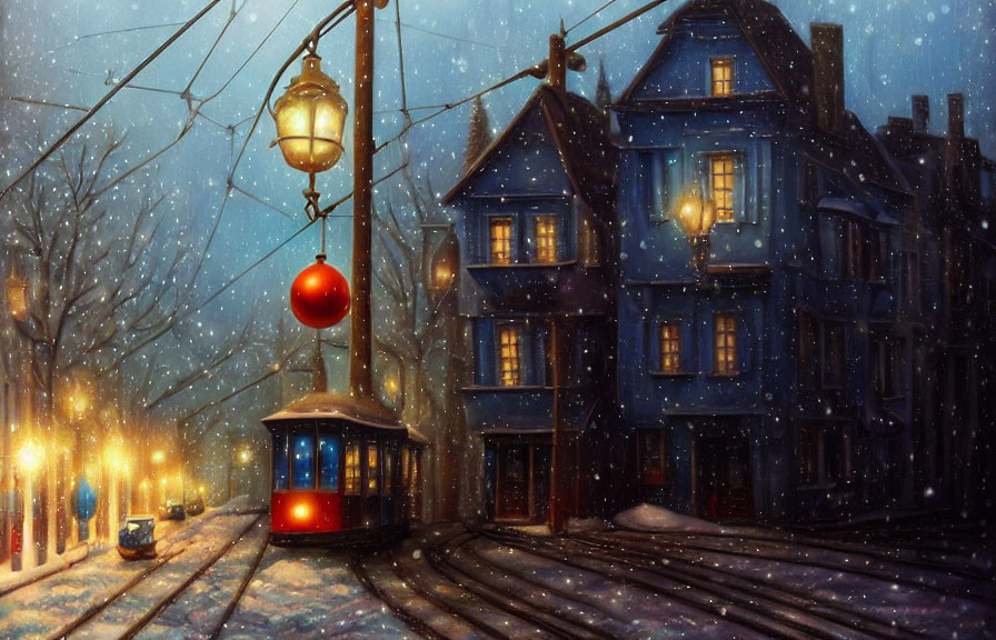 Vintage tram on snow-covered street at night past Victorian-style homes
