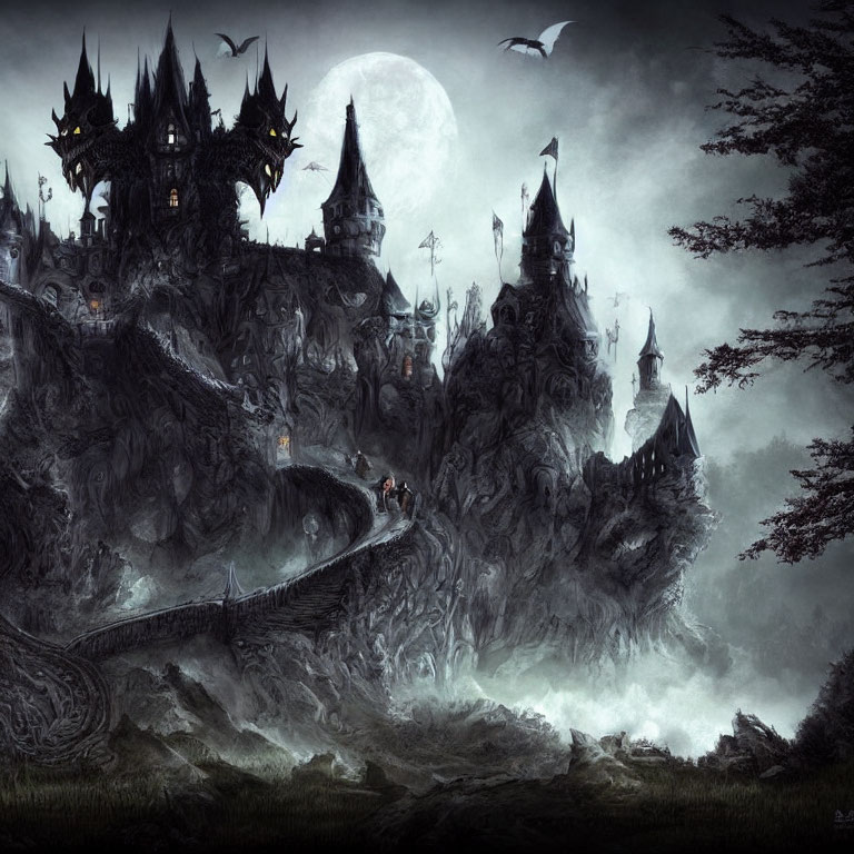 Gothic landscape with ominous castles under full moon