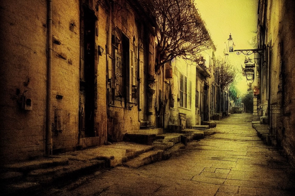 Vintage cobblestone street with sepia tones and old-world buildings