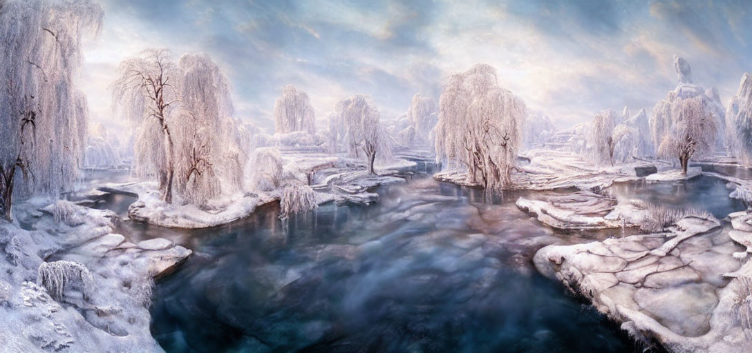 Panoramic winter landscape with frost-covered trees and frozen river