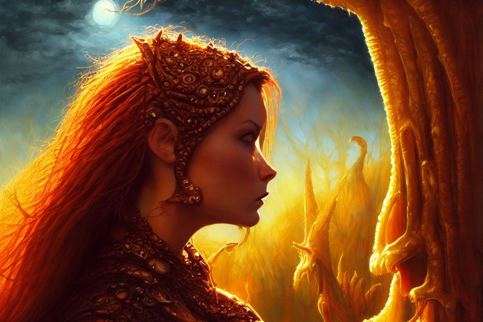 Detailed Crown on Woman in Profile Gazing at Glowing Tree