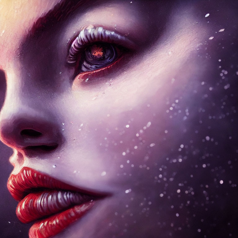 Close-Up of Woman's Face with Dramatic Red Eye Makeup in Surreal Purple Setting