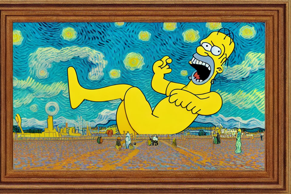 Homer Simpson in 'Starry Night Over the Rhone' fusion artwork
