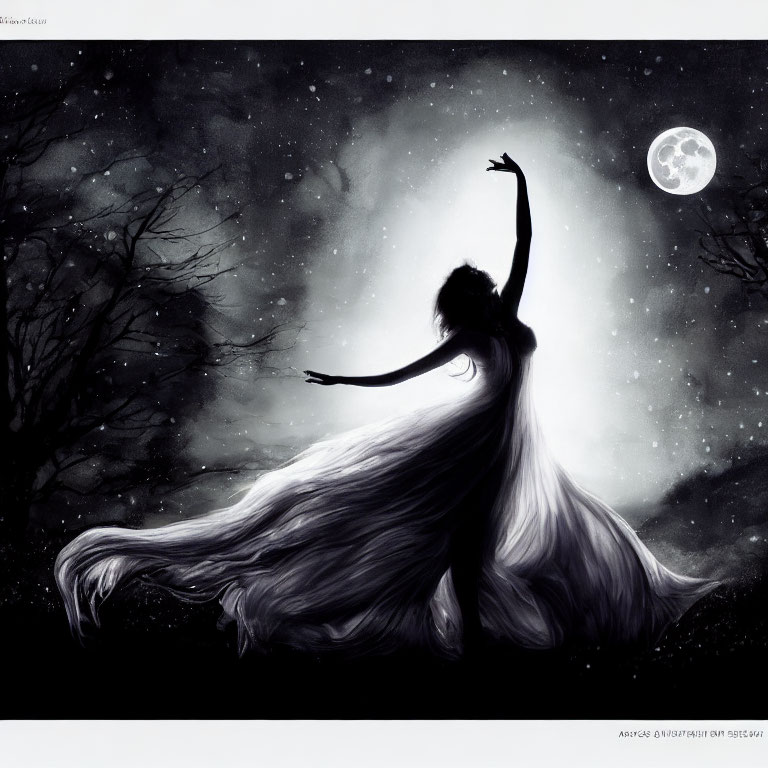 Silhouette of woman dancing under starry night sky with full moon and trees