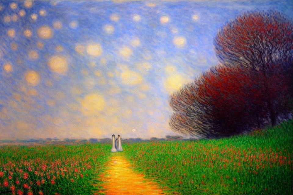 Colorful painting of couple on path through flower meadow at twilight