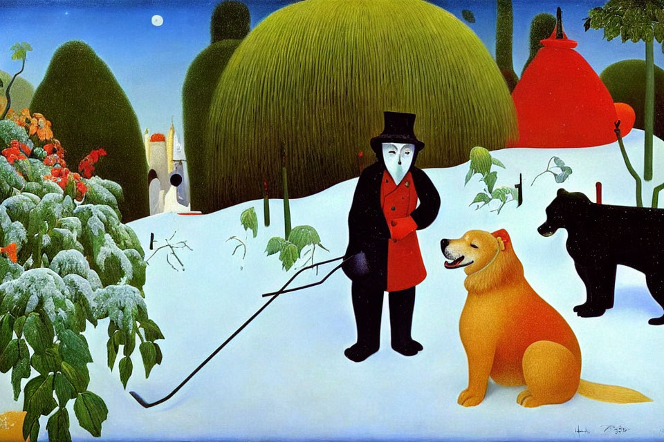 Surrealist painting of figure with top hat walking golden dog