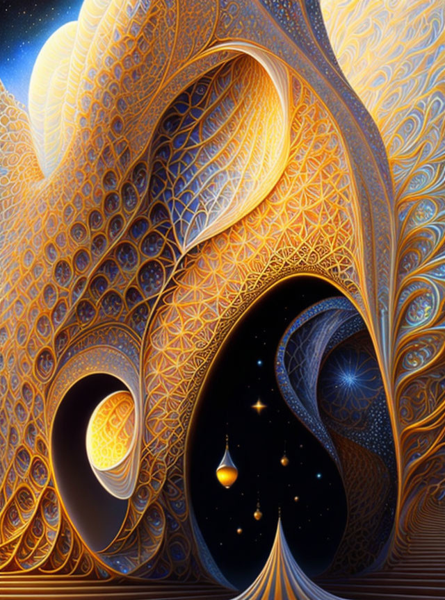 Intricate cosmic artwork with swirling patterns and golden hues