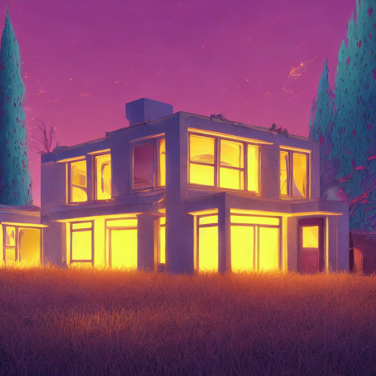 Modern two-story house at dusk with glowing windows in purple sky