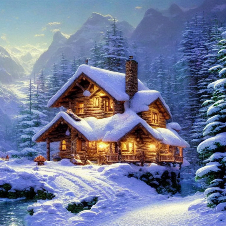 Snowy Log Cabin Surrounded by Illuminated Winter Landscape