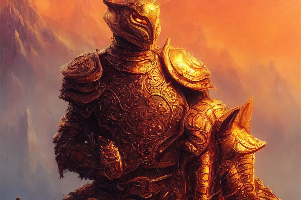 Detailed illustration of knight in golden armor against warm orange backdrop