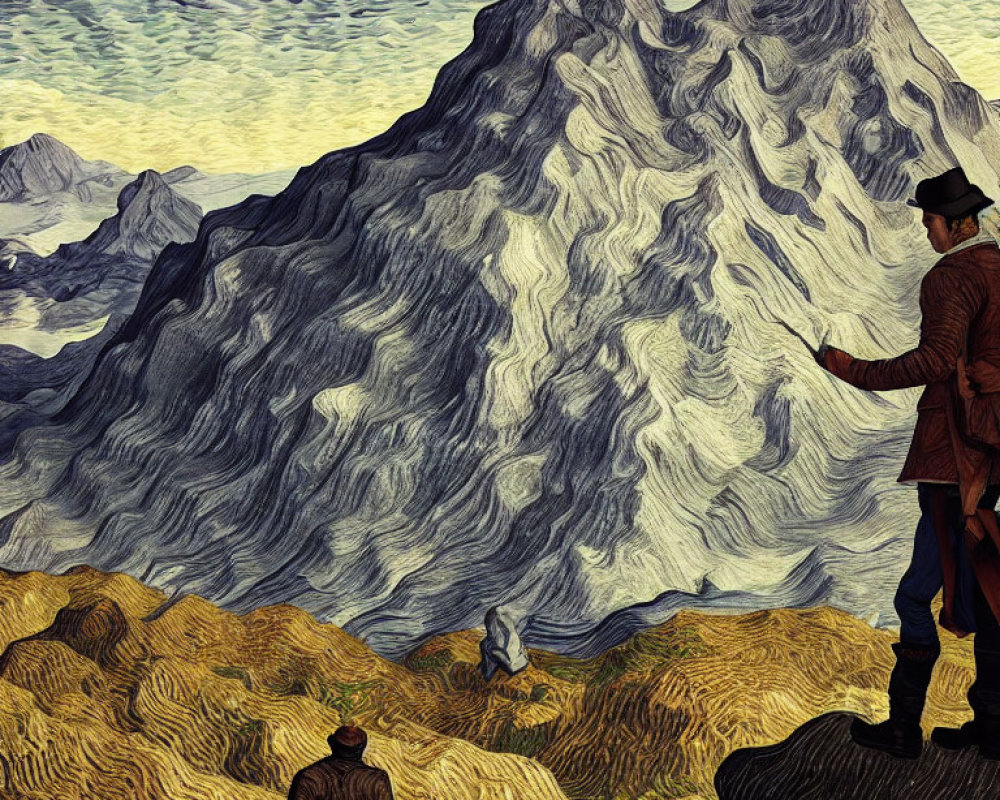 Stylized painting of two figures admiring mountain with swirling patterns