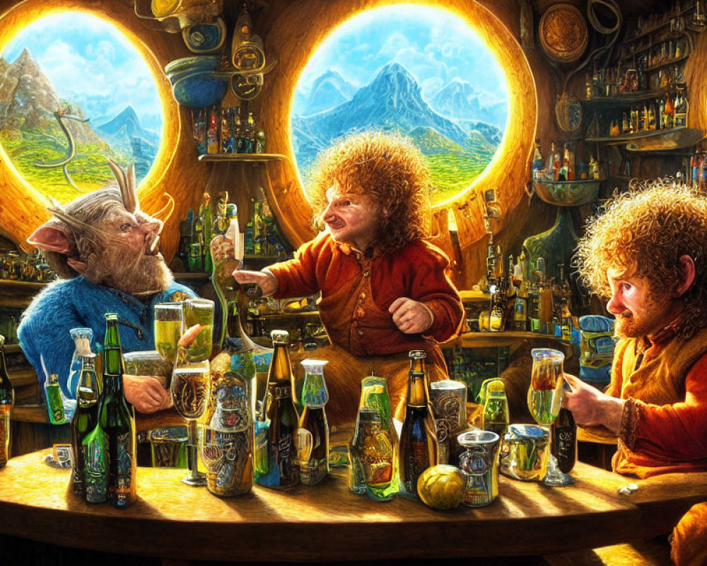 Rustic tavern scene with jovial hobbit-like characters and colorful bottles