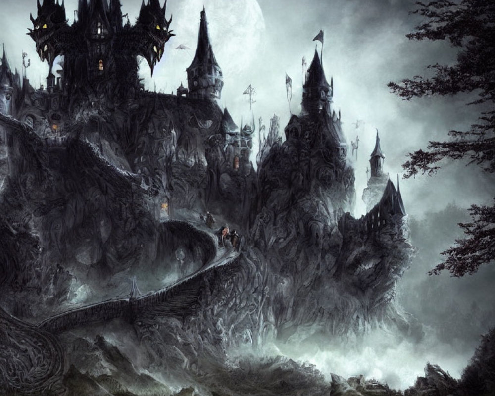 Gothic landscape with ominous castles under full moon