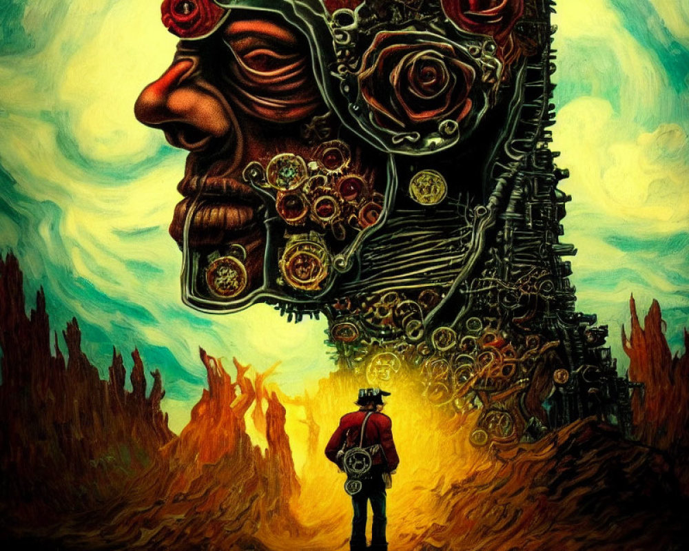 Surreal mechanical head with cogwheels and roses in apocalyptic landscape