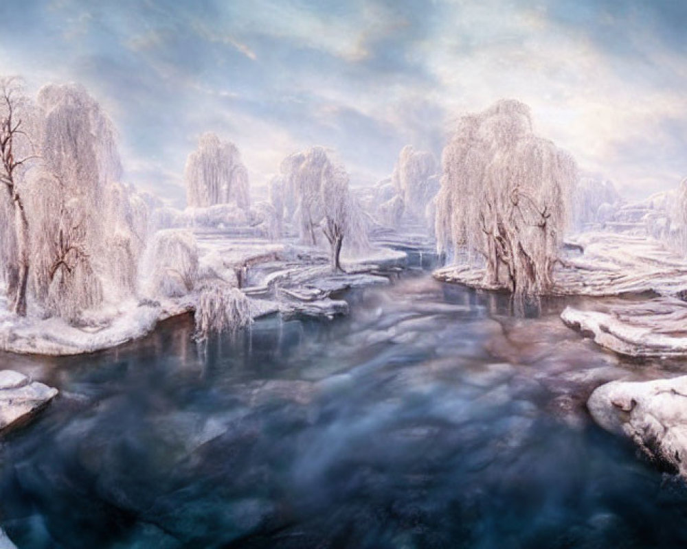 Panoramic winter landscape with frost-covered trees and frozen river