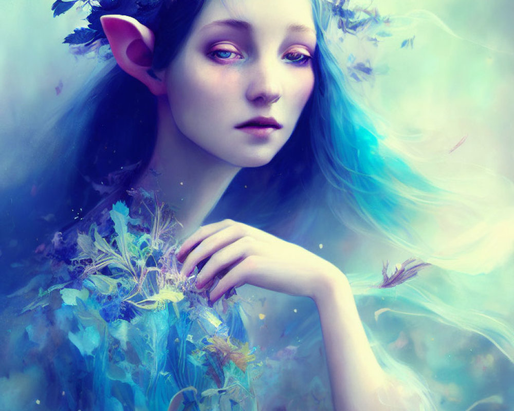 Fantasy portrait of female with pointed ears and blue hair in ethereal setting