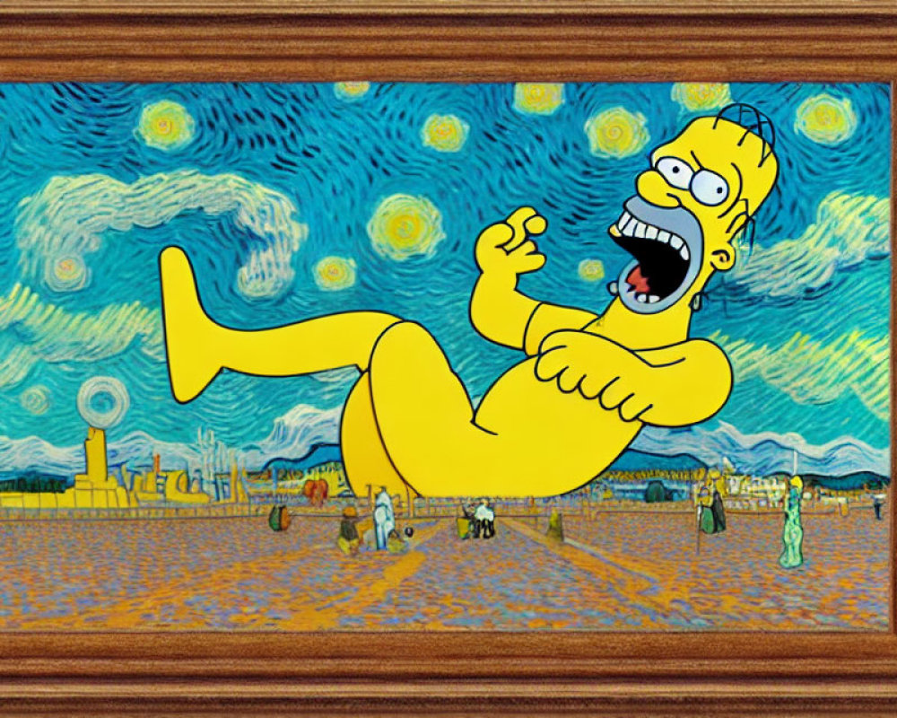 Homer Simpson in 'Starry Night Over the Rhone' fusion artwork
