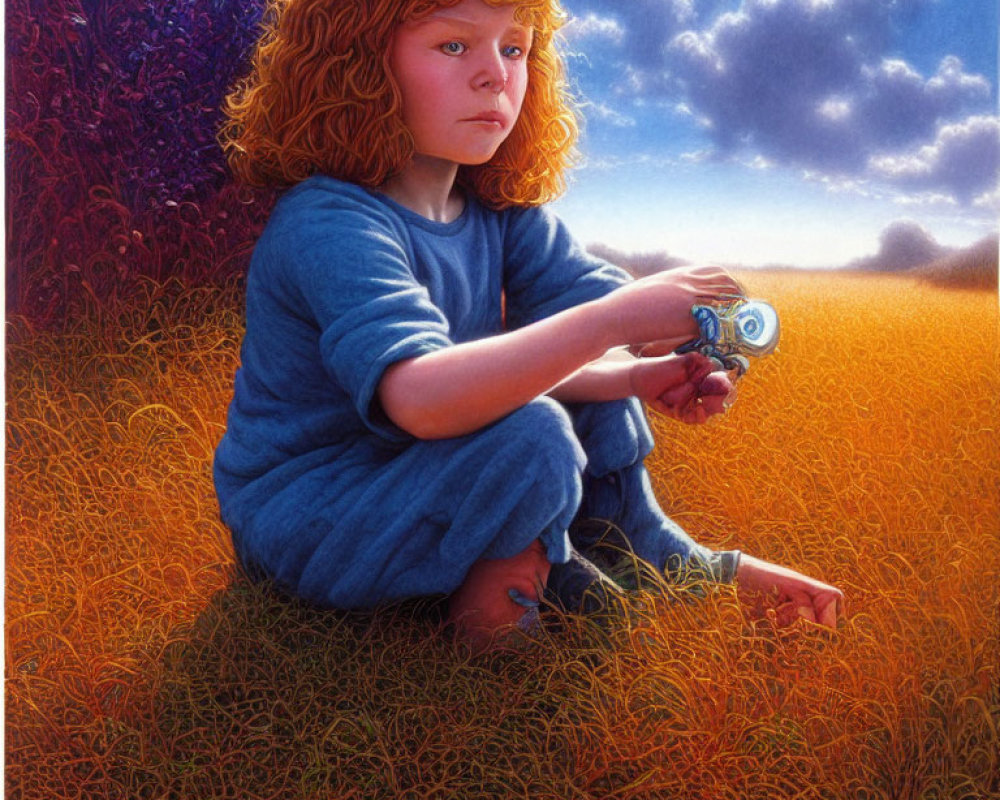 Curly Red-Haired Child in Twilight Field with Colorful Landscape