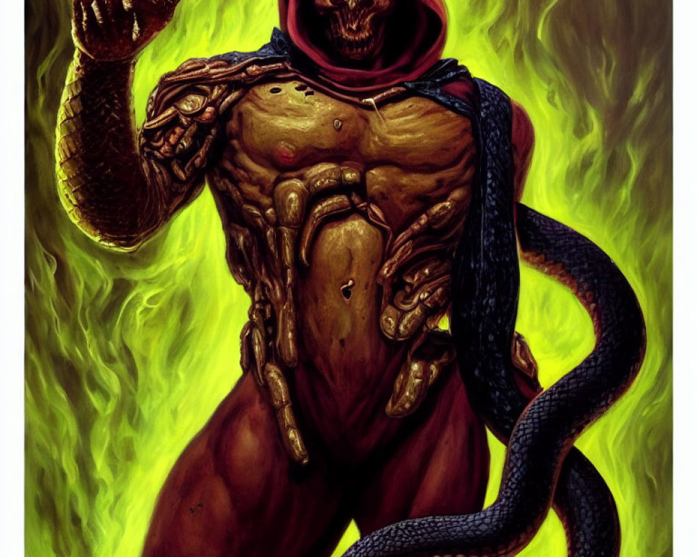Muscular creature with serpent tail and tentacle-like arm in red hood on green background