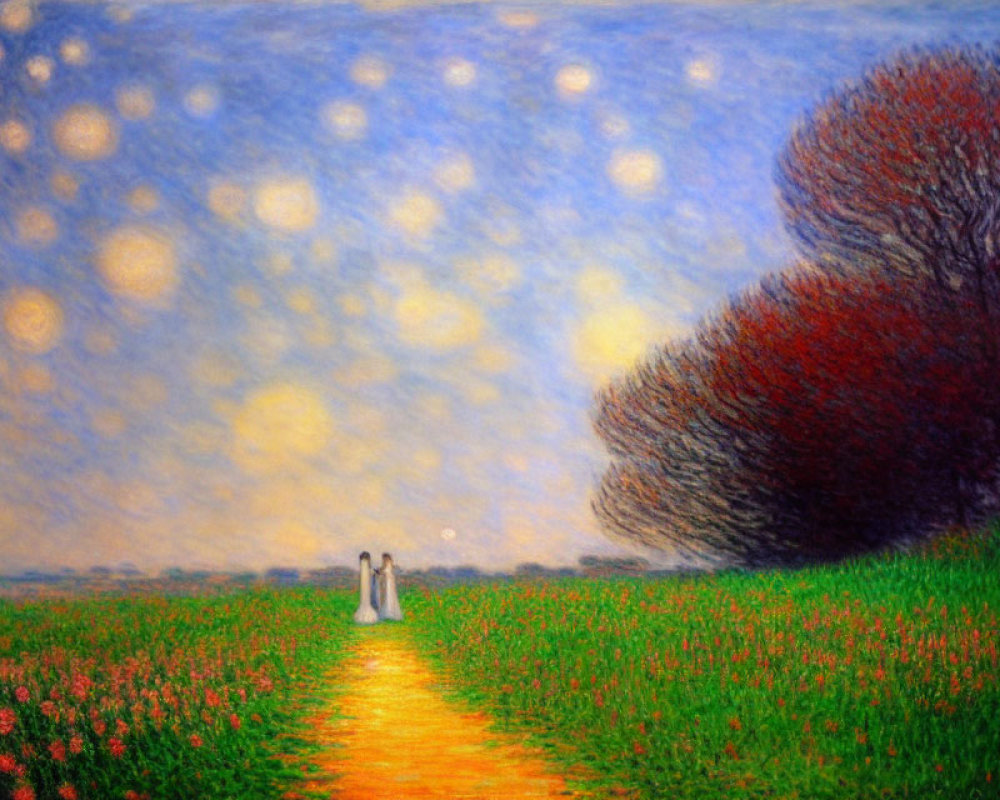 Colorful painting of couple on path through flower meadow at twilight