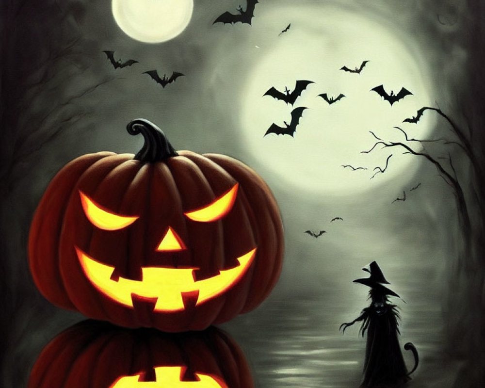 Spooky Halloween scene with jack-o'-lanterns, witch, bats, and full moon
