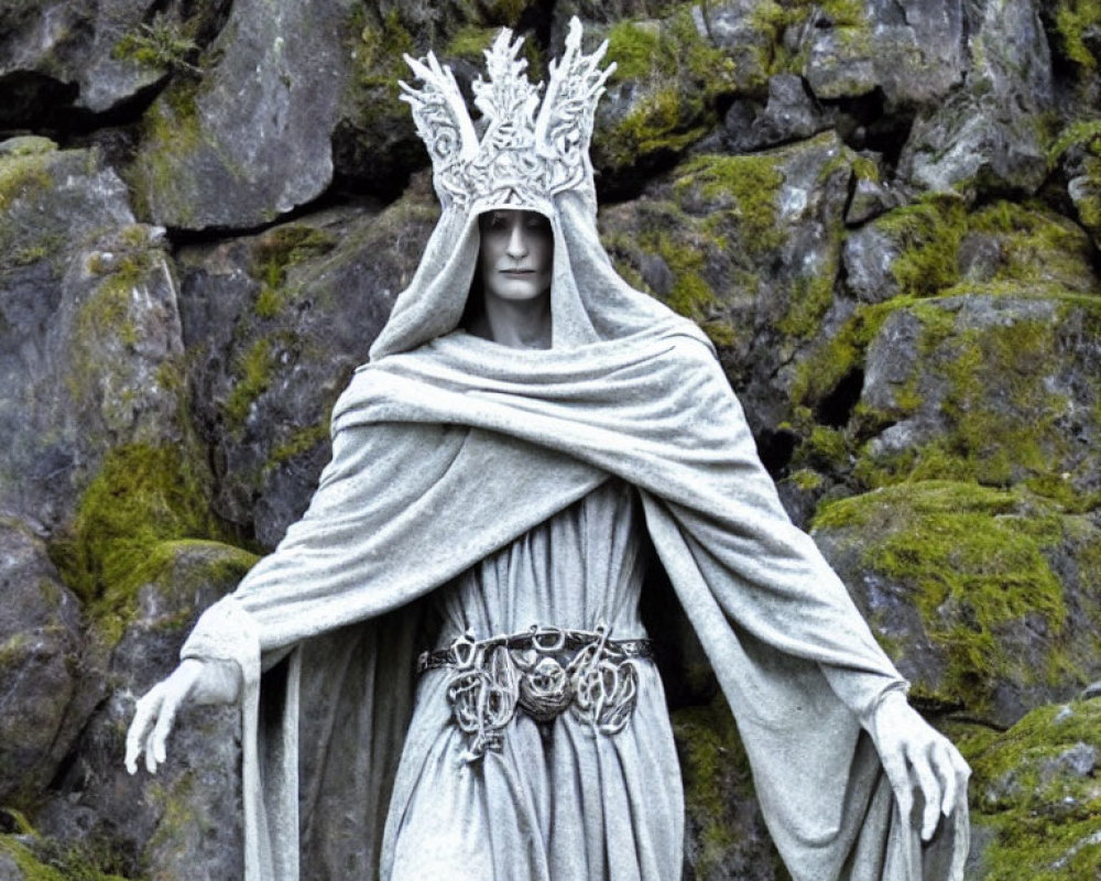 Fantasy-style costume with crown and cloak against rocky backdrop