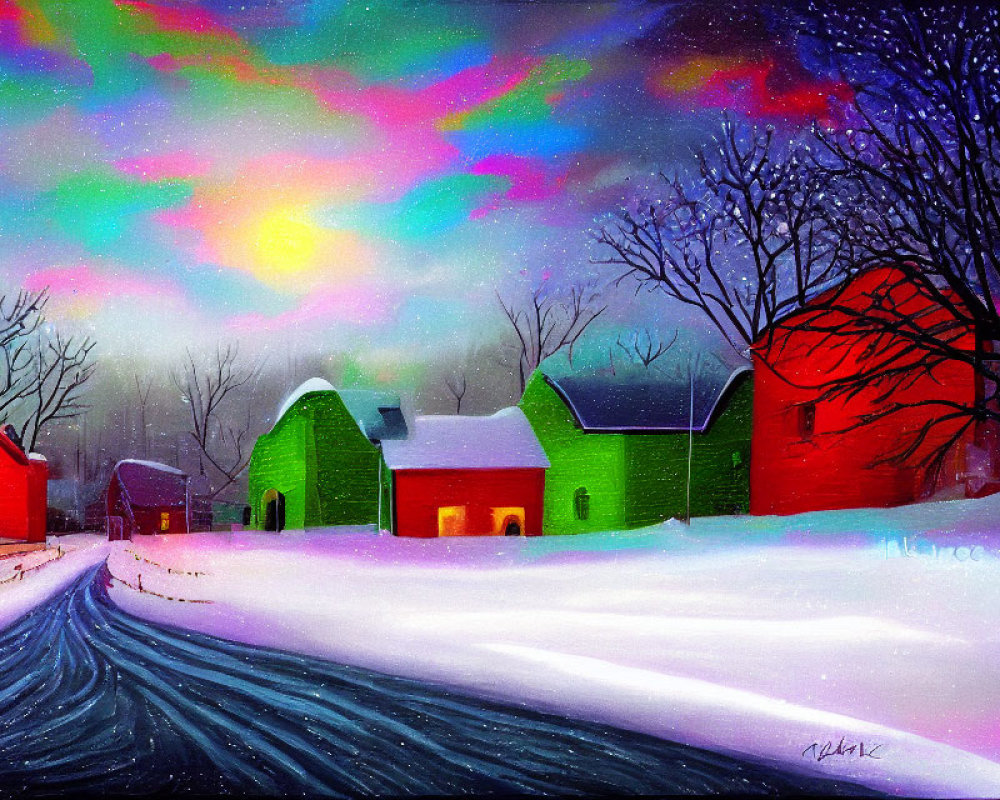 Colorful Aurora Borealis Over Snowy Rural Scene