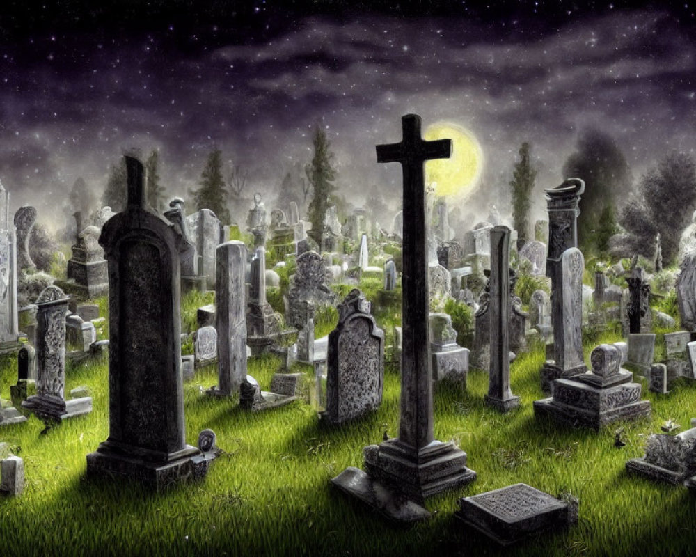 Moonlit cemetery with tombstones and crosses under starry night sky