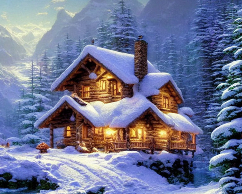 Snowy Log Cabin Surrounded by Illuminated Winter Landscape