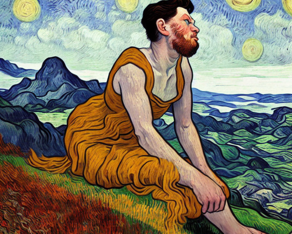 Stylized illustration of bearded man under starry sky