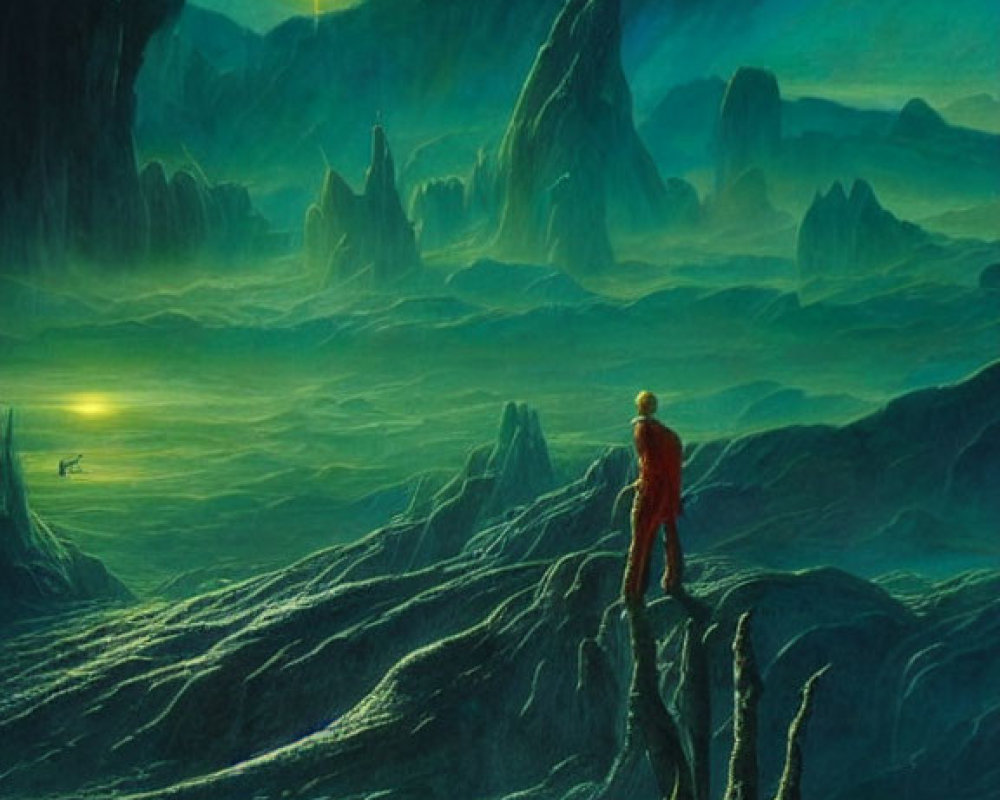 Solitary figure in red suit on rocky outcrop gazes at alien landscape
