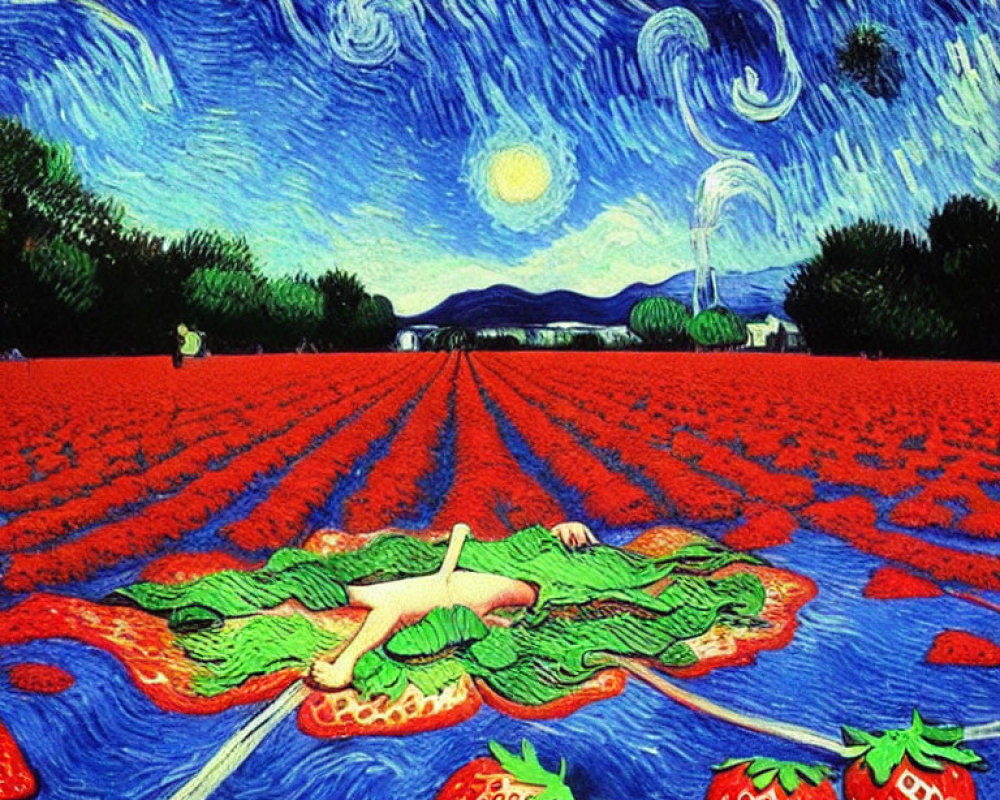 Vibrant illustration of starry sky, moon, person on pizza slice, and oversized strawberries