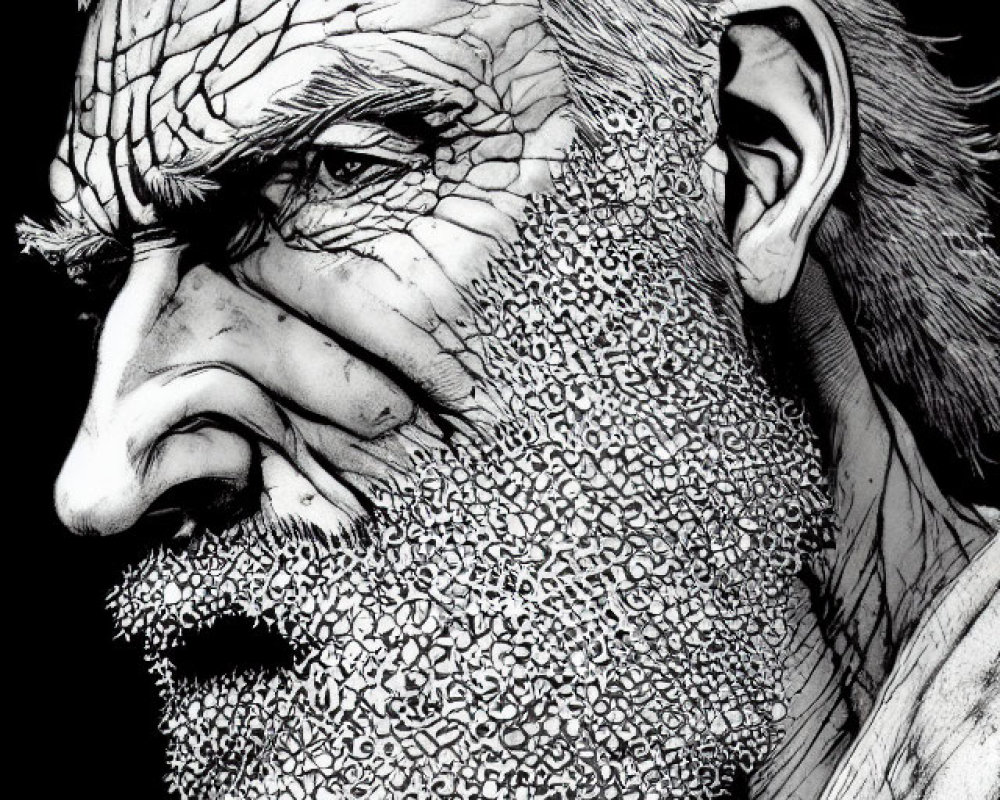 Monochromatic illustration of an older man with grizzled beard and intense gaze