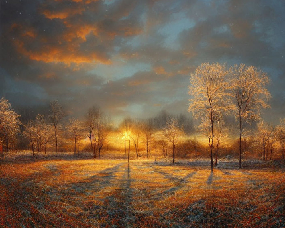 Snow-dusted trees under golden winter sunset