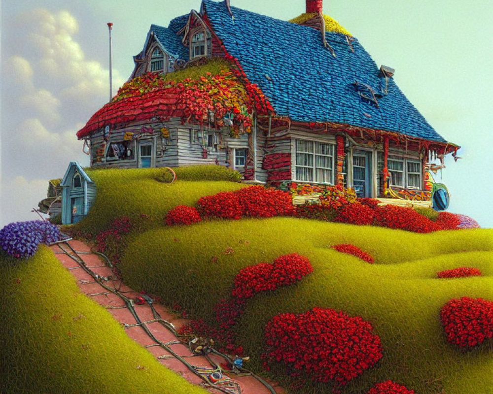 Illustration of Cozy Wooden House with Colorful Flowers on Green Hill