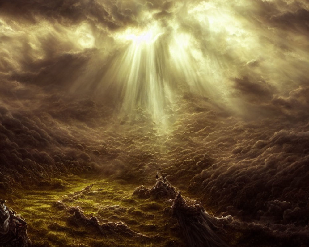Dramatic Clouds and Sunbeams Over Grassy Landscape