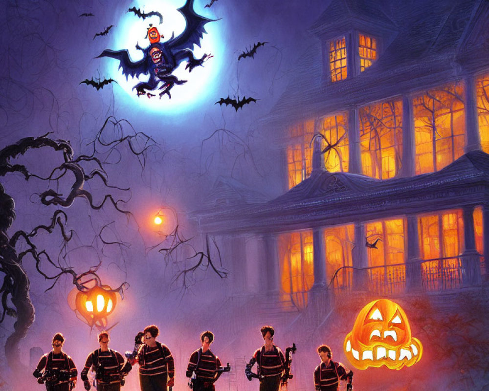 Spooky haunted house with ghostbusters, glowing pumpkin, and bat-like figures