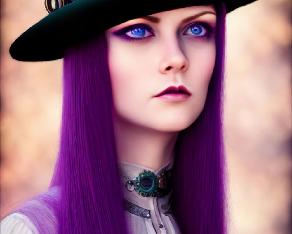 Vibrant purple hair and blue eyes in steampunk attire