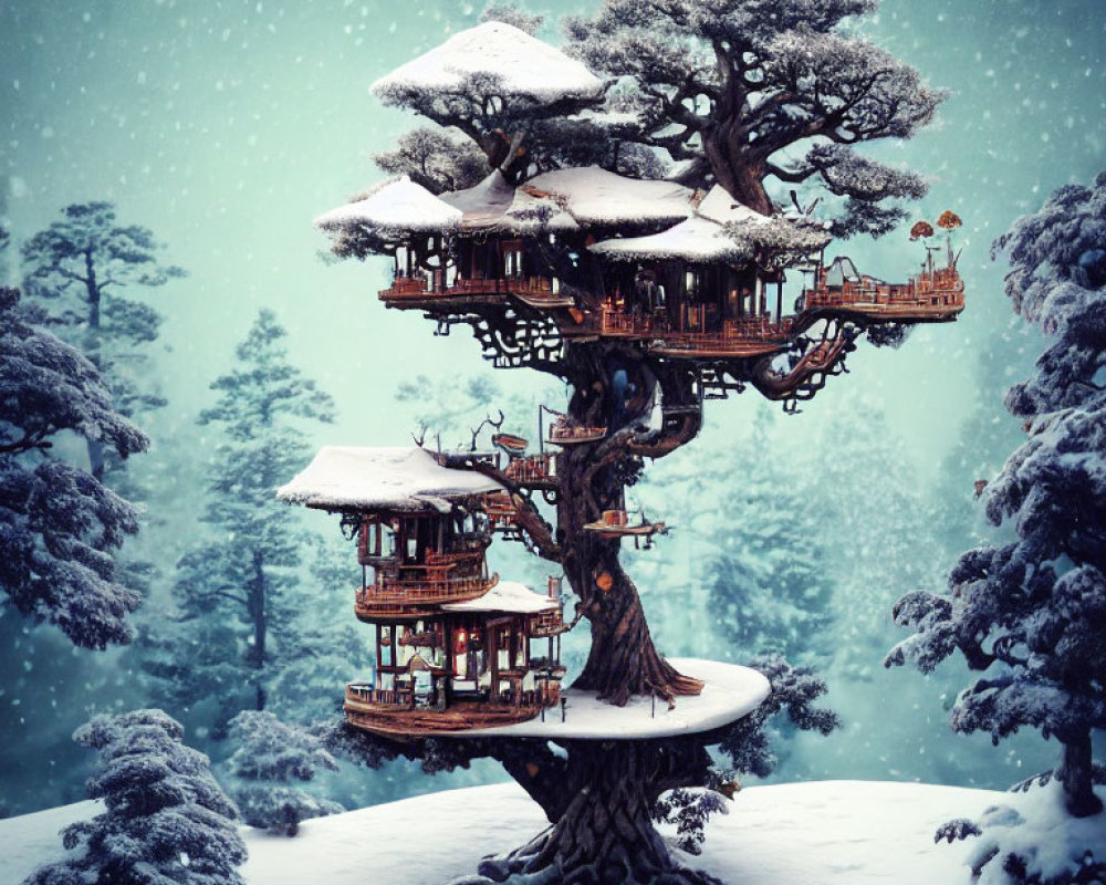 Snow-covered pine tree treehouse in serene winter forest