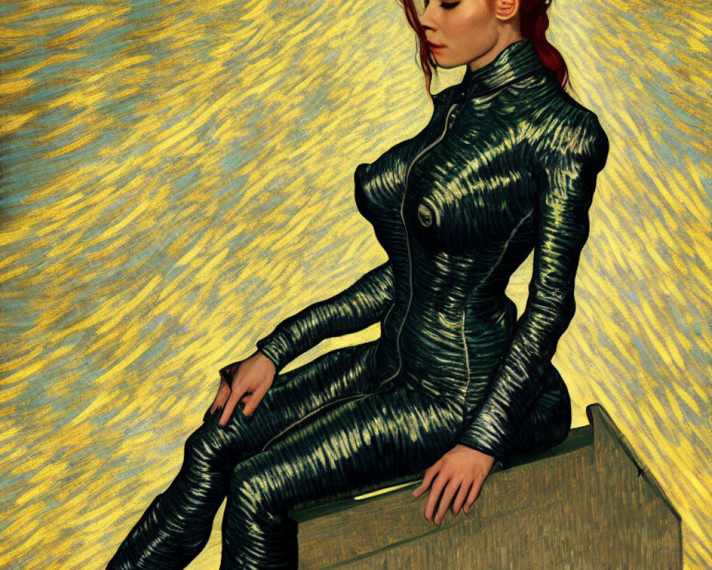Stylized image of red-haired woman in black suit on Van Gogh-inspired backdrop